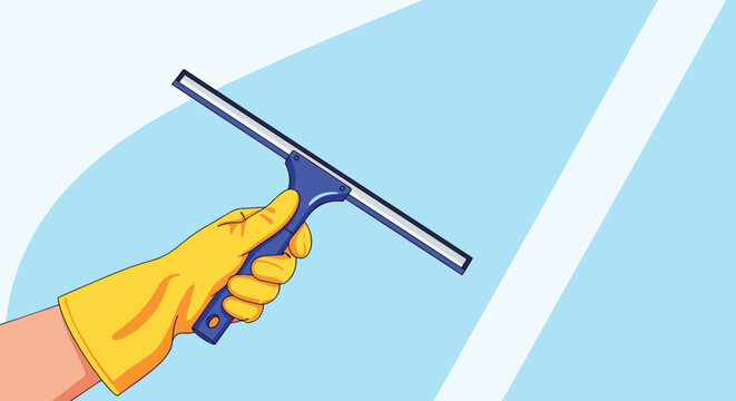 Hand wearing a yellow rubber protective glove uses a blue squeegee tool to clean a glass surface or window against a bright blue sky.