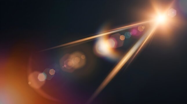 A powerful, bright lens flare shooting vibrant light rays and reflections across a dark, abstract background, suggesting a strong light source or a dynamic visual effect, perfect for overlays.