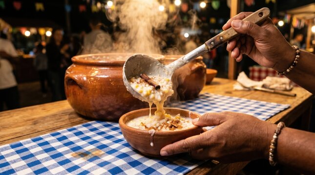 Hands of a vendor ladling steaming hot white corn porridge onto a clay bowl for food festival marketing, traditional street food menu and culinary heritage styling