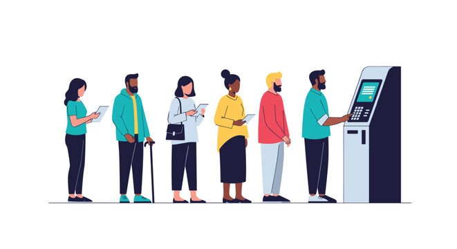Long queue of diverse people waiting in line to use an automated teller machine or atm in a public place for banking and cash transactions.