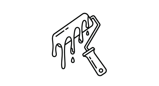 Line drawing of a paint roller saturated with wet paint that is dripping down from the foam part onto a white surface below the tool.