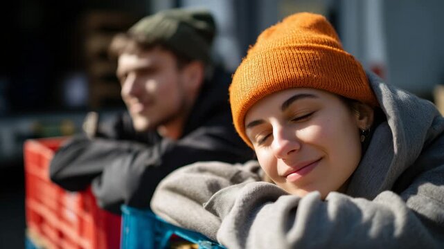 Candid moment of exhausted youth volunteers resting after a morning food drive, leaning on crates, honest expressions, early spring light in a loading bay