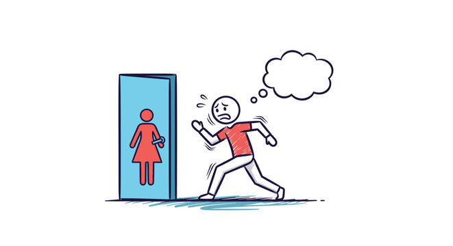 Humorous illustration of a confused man running away from a female toilet door while thinking with a thought bubble.
