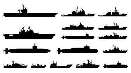 Obraz premium Military Naval Warships Submarines Silhouette Vector Collection