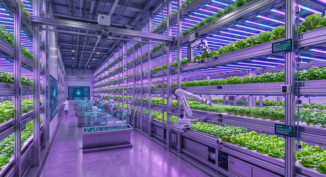 Futuristic AI Controlled Indoor Vertical Farm with LED Lights