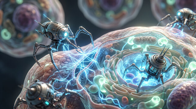 Microscopic Nanobots Repairing Organic Tissue in Medical AI Concept