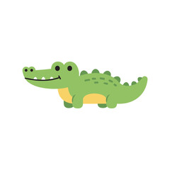 Fototapeta premium Flat vector illustration of a cute green crocodile in side view, featuring a rounded body, small legs, and a yellow belly, designed in a playful cartoon style on isolated background