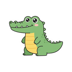 Fototapeta premium Cute flat vector illustration of a friendly green crocodile standing upright, with big eyes, small teeth, and a yellow belly, designed in a playful cartoon style on isolated background