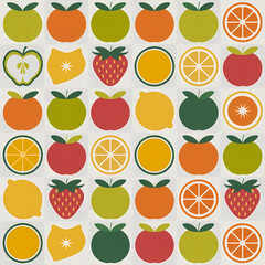 Obraz premium Colorful Fruit Seamless Pattern – Vibrant Tropical Vector Background with Fresh Summer Fruits, Modern Repeating Design for Packaging, Fabric & Wallpaper