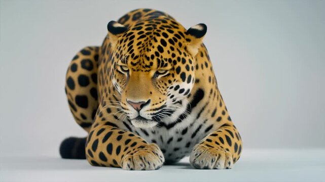 Leopard Resting On White Surface In Studio Lighting.