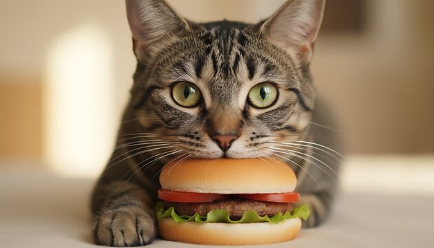 Adorable tabby cat lying down holding a small hamburger with its paws looking forward