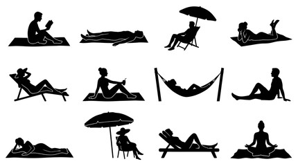Obraz premium Summer Leisure Activities Silhouettes: People Relaxing, Sunbathing, Yoga Vector Icons