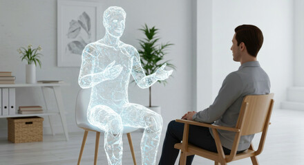 Fototapeta premium Man interacting with a holographic person in a futuristic office setting for virtual communication and innovative technology concept.