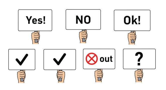 Set of diverse hands holding up placards with various answers and symbols like yes, no, okay, and checkmarks for feedback.