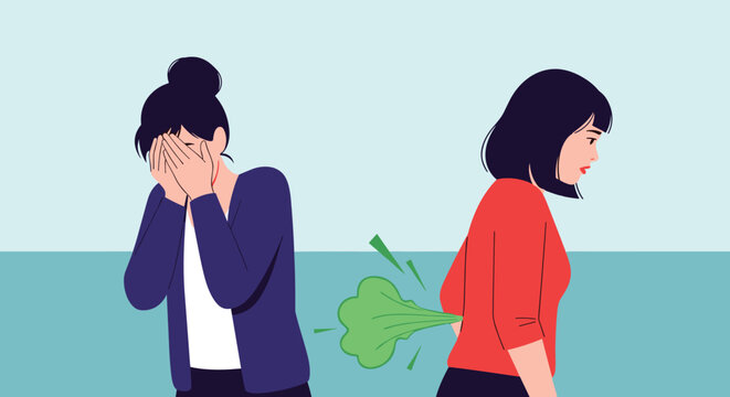 Humorous illustration of a woman accidentally farting while her friend reacts by covering her face in embarrassment and disgust.