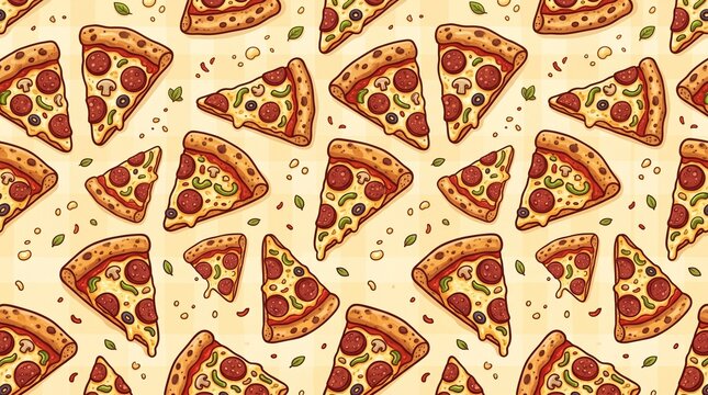 Seamless pattern of pepperoni pizza slices on a yellow background