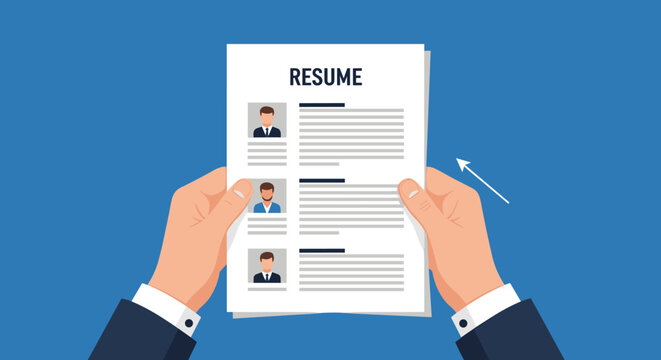 Professional illustration from the point of view of a recruiter holding a resume with multiple candidate profiles for a job.