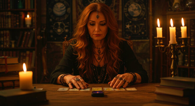 Woman fortune teller reads mystical oracle tarot card on wooden table. Fantasy witch doing prediction for future and wizardry ritual at night.