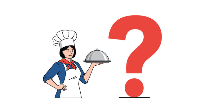 Female chef wearing a white hat and apron holding a silver cloche platter standing next to a large red question mark icon.