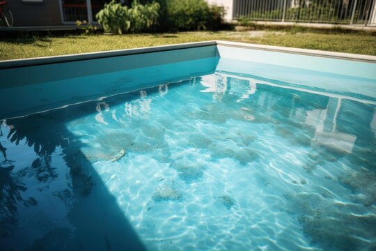 Clear water surface reflecting sunlight in a prefabricated garden pool during a sunny summer day