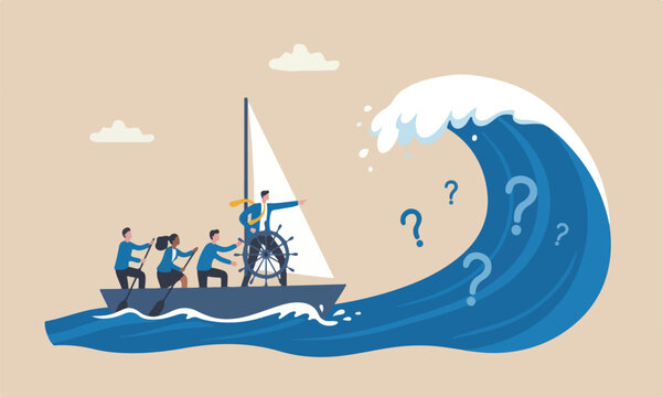 Courage leadership to win business success, teamwork to help survive crisis, challenge or risk taker concept, businessman captain point finger to lead team sailing boat to survive big wave