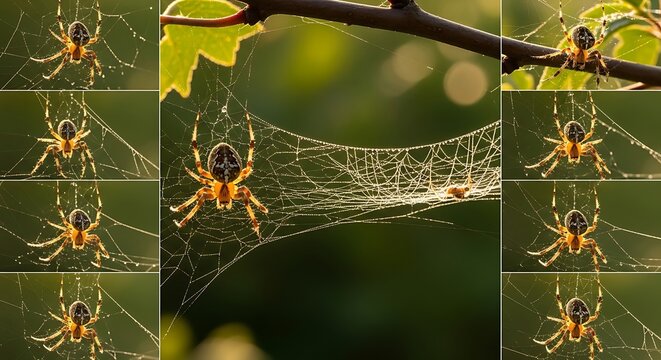 Spider on web at sunrise.