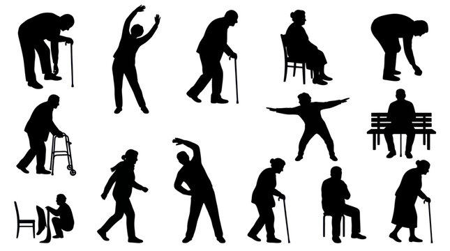 Senior Lifestyle  Health: Elderly People Aging Silhouettes Vector Set