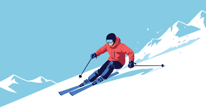 Athletic person wearing a red jacket and blue pants skiing down a steep snowy mountain slope against a clear blue sky.