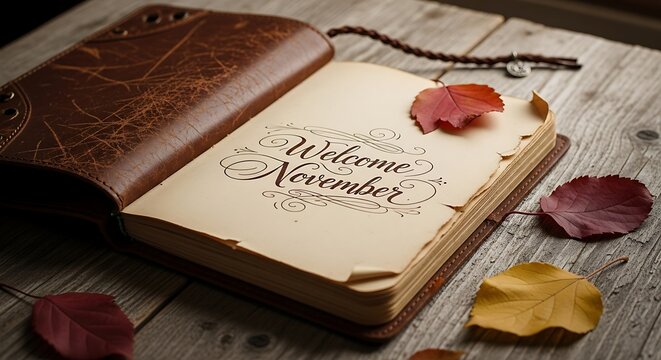 Open book with welcome november text and autumn leaves on wooden surface