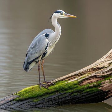 Heron on mossy log.
