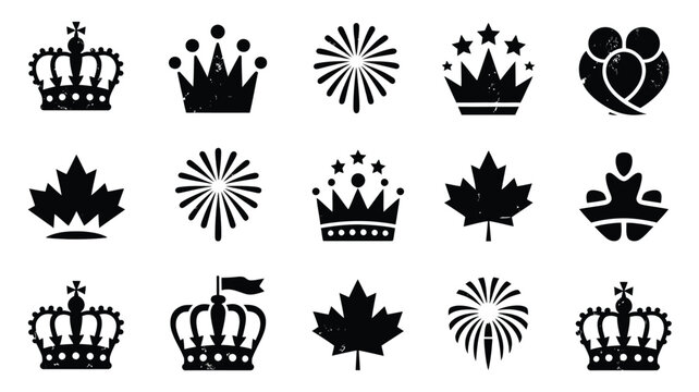 Collection of vintage style silhouettes featuring royal crowns canadian maple leaves fireworks and abstract figures representing celebration and national pride on a textured