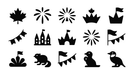 Obraz premium Collection of canadian themed vector icons including maple leaves fireworks crowns castles flags bunting beavers and ducks representing national symbols and celebration elements
