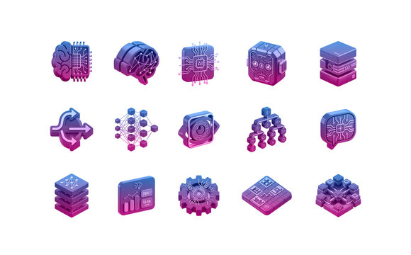 AI & Machine Learning 3D Isometric Icon Set &ndash; Neural Network, Data Science, Automation, Cloud Computing UI Icons Pack