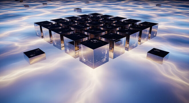 futuristic holographic data cubes floating over icy surface