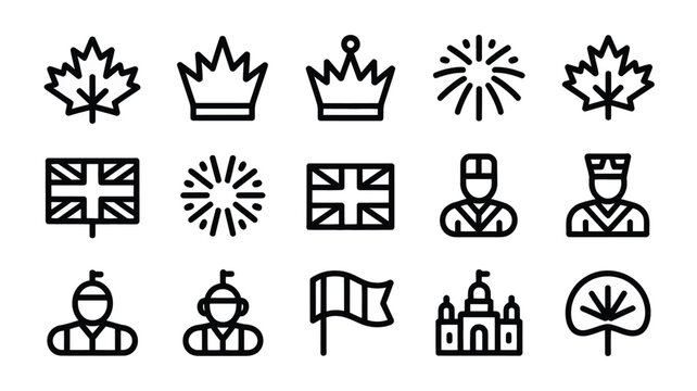 Vector illustration set of 15 icons maple leaf crown union jack flag fireworks guard castle wind flag and tree for national celebration and royalty themes