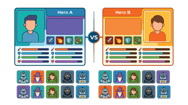 Flat vector illustration of two video game heroes in versus battle screen with character stats and avatars