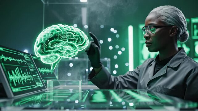 Woman scientist examines holographic brain in laboratory for artificial intelligence neuroscience research. Scientist analyzes digital brain hologram for medical technology and neurological study in f
