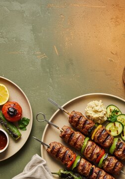Textured green background with copy space above grilled lula kebab skewers for restaurant menu design, culinary blog advertising and traditional catering food styling
