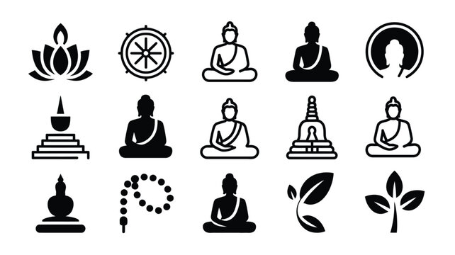 Collection of clean black and white icons representing buddhism spirituality enlightenment and inner peace featuring buddha statues lotus flowers dharma wheel stupa and prayer