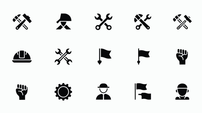 Diverse collection of eleven industrial and labor icons representing work strength and solidarity set against a clean white grid background with subtle grey accents