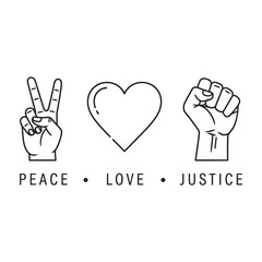 Obraz premium Hands making peace sign heart and fist with justice love peace text