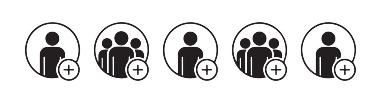 Professional add user interface elements showing single and triple member profiles with plus sign indicator.