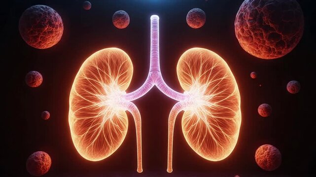 Glowing Human Kidney Anatomy with Floating Pathogens and Virus Cells