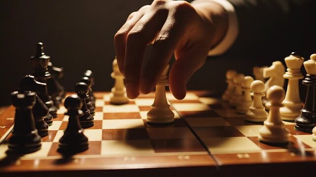 Dramatic Chess Match &mdash; Businessman Moving Pawn in Dark Moody Lighting

