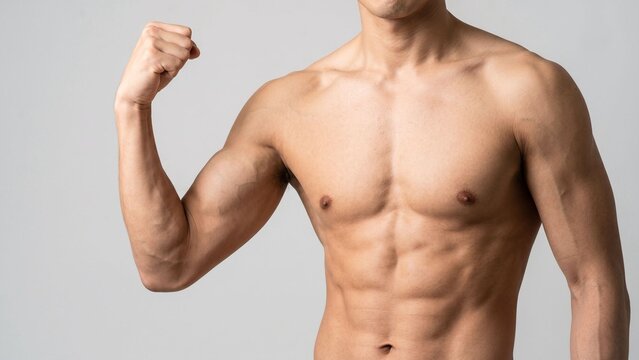 鍛えられた上半身と引き締まった腹筋を見せながら力強く腕を曲げる男性ボディのクローズアップ。フィットネス、筋トレ、ボディメイク、健康管理の訴求に適した広告向け人物素材