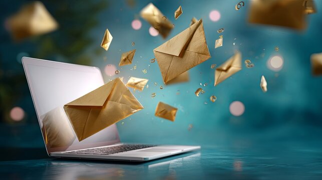 Golden email envelopes flying out of laptop screen sending mail message. Digital communication and online notification. New technology of internet.