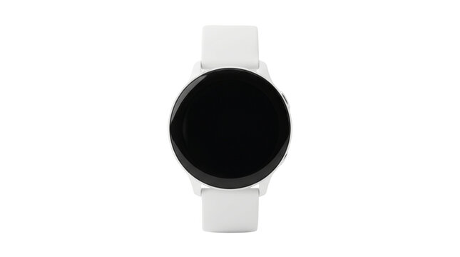 Modern white digital smartwatch with a round black touchscreen face and a comfortable silicone wrist strap band