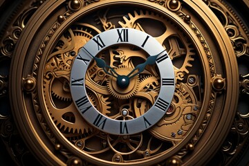 Obraz premium Golden clock face with visible gears showcasing the intricate mechanics of timekeeping