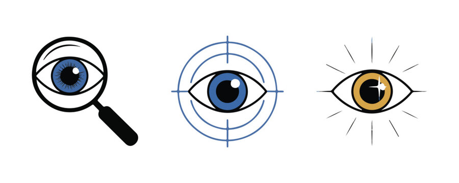 Eye set with magnifying glass target and bright shining eye icons representing vision searching and observation.