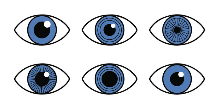 Collection of human eye icons with black outline and blue irises on a transparent checkerboard background.